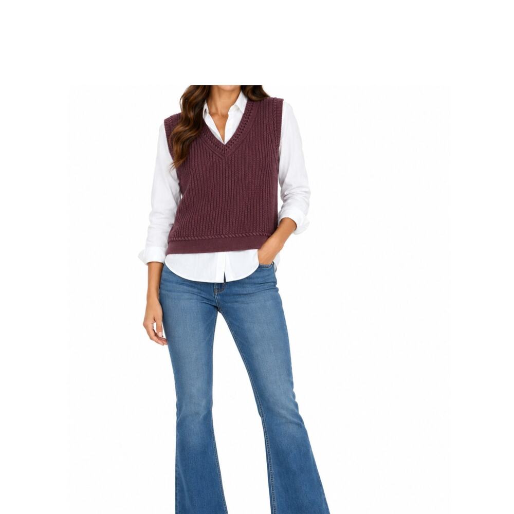 Theory Sweater Vest Womens Size S Plum Cable Knit Pullover Heavy Cotton V-Neck